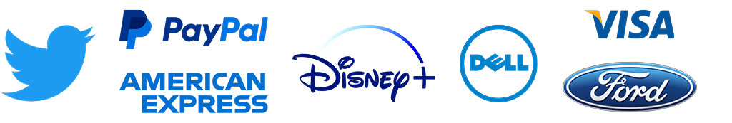 Flere kjente logoer i blått, inkludert Twitter, PayPal, American Express, Disney+, Dell, Visa og Ford.