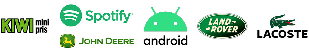 Flere kjente logoer i grønt, inkludert Kiwi, Spotify, John Deere, Android, Land Rover og Lacoste.