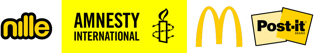 Flere kjente logoer i gult, inkludert Nille, Amnesty International, Mac Donalds og Post-it.