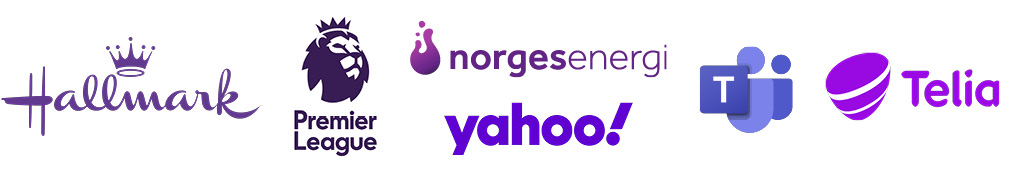 Flere kjente logoer i lilla, inkludert Hallmark, Premier League, Norges Energi, Yahoo, Microsoft Teams og Telia.