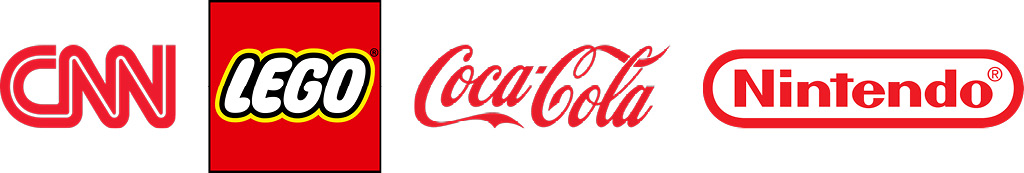 Flere kjente logoer i rødt, inkludert CNN, Lego, Coca-Cola og Nintendo.