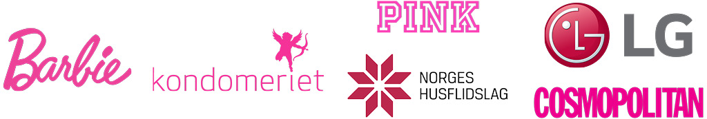 Flere kjente logoer i rosa, inkludert Barbie, Kondomeriet, Pink og Norges Husflidslag, LG og Cosmopolitan.