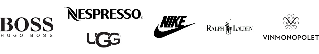 Flere kjente logoer i svart, inkludert Hugo Boss, Nespresso, Ugg, Nike, Ralph Lauren og Vinmonopolet.